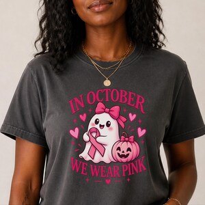 In oktober dragen we een roze spookshirt, een cadeau ter bevordering van bewustzijn over borstkanker, een roze Halloween-shirt met lint, een top voor kankeroverlevenden, een shirt voor het griezelige seizoen. afbeelding 6