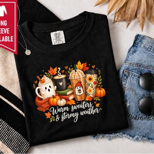 Ghost Coffee Shirt, Fall Coffee Shirt, Halloween Coffee Tee, Cute Ghost Sweater, Warm Sweaters And Stormy Weather, Autumn Sweatshirt image 4