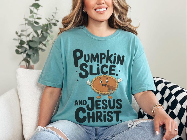 Comfort Colors Fall Christian Shirt, Pumpkin Slice And Jesus Christ Tee, Thanksgiving Faith Sunday Outfit, Inspirational Autumn image 7
