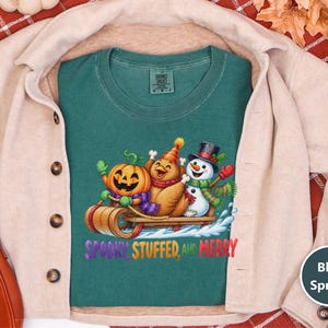 Hallothanksmas Shirt, Funny Holiday Mashup Sweatshirt, Spooky Stuffed And Merry Tee, Holiday Gift image 1