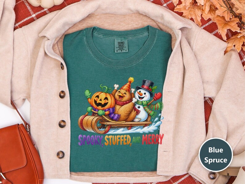 Hallothanksmas Shirt, Funny Holiday Mashup Sweatshirt, Spooky Stuffed And Merry Tee, Holiday Gift image 1