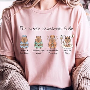Camiseta con meme de enfermera, Escala de hidratación de enfermera, Camiseta divertida y sarcástica para enfermeras registradas, Regalo para amantes del café con colores cómodos y problemas de turno de día con la cafeína imagen 5