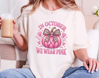 In October We Wear Pink Shirt, Retro Breast Cancer Awareness Tee, Fall Pumpkin Support Gift, Warrior Sweatshirt