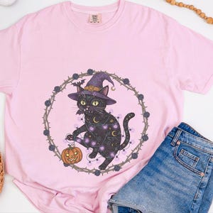 Comfort Colors Gothic Black Cat Print Shirt, Black Cat Witch Hat Tee, Spooky Fantasy Whimsical Halloween Art, Dark Feminine Whimsi Goth image 16