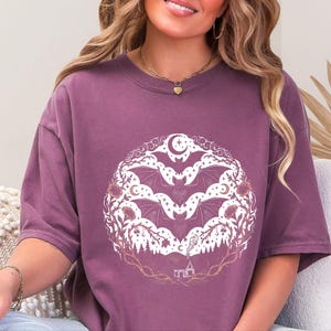 Comfort Colors Night Animals Shirt, Gothic Bat Tattoo Style Tee, Halloween Witchy Moon and Stars, Dark Fantasy Bats Night Sky image 2