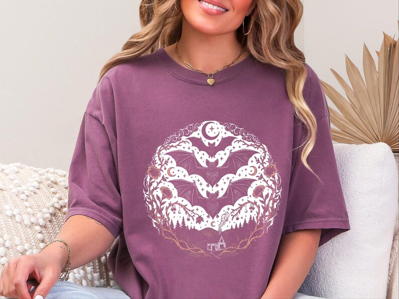 Comfort Colors Night Animals Shirt, Gothic Bat Tattoo Style Tee, Halloween Witchy Moon and Stars, Dark Fantasy Bats Night Sky image 2