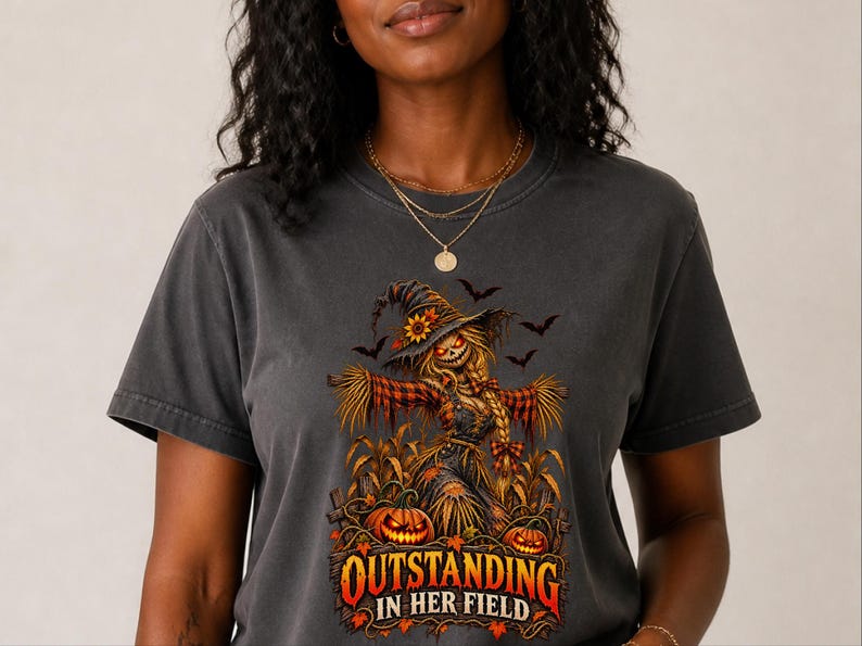 Fall Scarecrow Shirt, Halloween Tee Women, Outstanding In Her Field, Womens Fall Shirt, Spooky Graphic Tee image 9