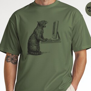 Angry Cat T-Shirt, Cat Vs Computer Tee, Vintage Engraving Art, Retro Computer Art image 7