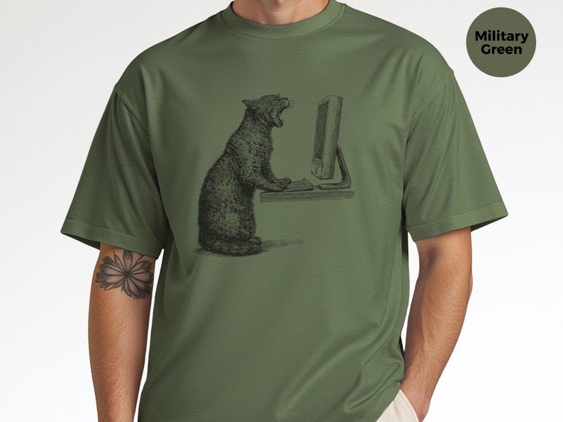 Angry Cat T-Shirt, Cat Vs Computer Tee, Vintage Engraving Art, Retro Computer Art image 7