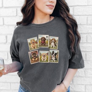 Country Dog Postage Stamp Shirt, Vintage Farm Dog Lover Gift, Cute Puppy Collage Tee, Rustic Animal Art Shirt image 5