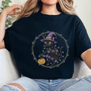 Comfort Colors Gothic Black Cat Print Shirt, Black Cat Witch Hat Tee, Spooky Fantasy Whimsical Halloween Art, Dark Feminine Whimsi Goth image 4