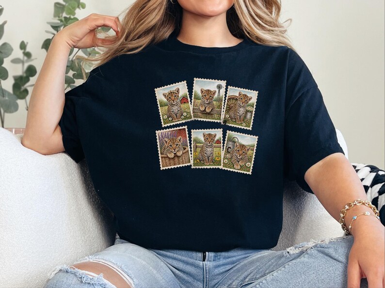 Leopard Lover Gift, Vintage Postage Stamp Leopard Collection, Wild Cat Shirt, Safari Animal Art, Farm Girl Shirt image 9
