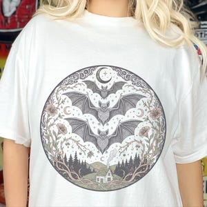 Comfort Colors Night Animals Shirt, Gothic Bat Tattoo Style Tee, Halloween Witchy Moon and Stars, Dark Fantasy Bats Night Sky image 4