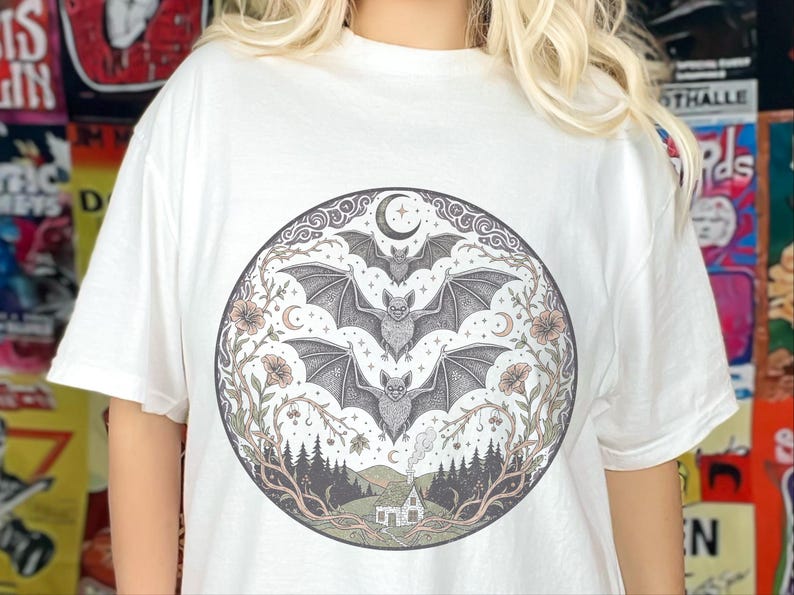 Comfort Colors Night Animals Shirt, Gothic Bat Tattoo Style Tee, Halloween Witchy Moon and Stars, Dark Fantasy Bats Night Sky image 4