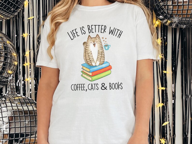 Comfort Colors Reading Cat Tee, Life Is Better With Coffee, Cats and Books Shirt, Literature Teacher Bookworm Top, Whimsical Cat Tee image 2