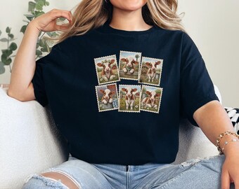 Vintage Postage Stamp Cow Shirt, Cute Baby Cow Tee, Farm Animal Lover Gift, Country Farmhouse T-Shirt
