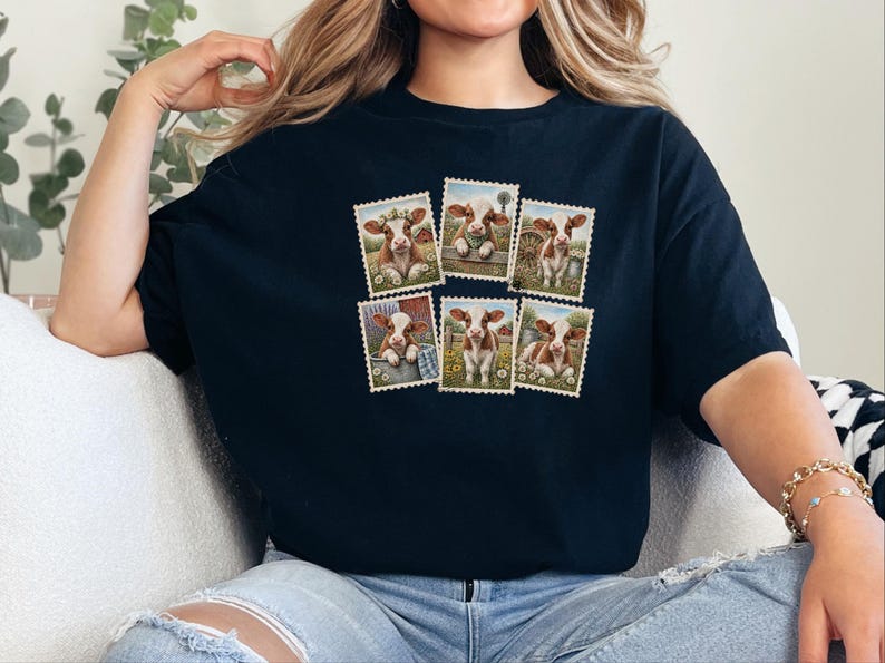 Camiseta vintage con estampado de vaca y sello postal, camiseta adorable de vaca bebé, regalo para amantes de los animales de granja, camiseta de estilo rústico campestre. imagen 1