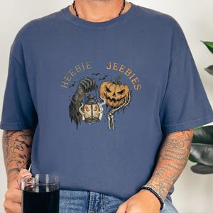 Comfort Colors Grim Reaper Pattern Heebie Jeebies Shirt, Horror Figure Apparel, Vintage Lantern, Gothic Halloween Scary Tee, Thing Hand image 8