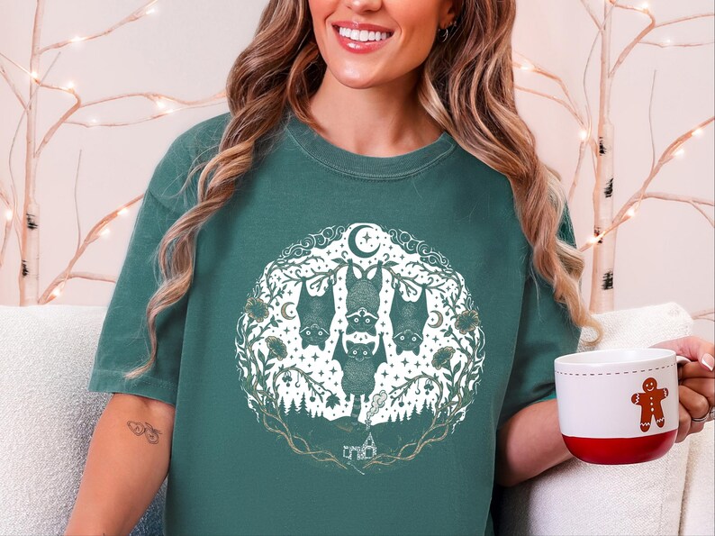 Comfort Colors Night Animals Halloween Racoon Bats Floral Night Scene Shirt, Vintage Spooky Moon Phases Tee, Goth Cottagecore Witchy Fall image 10