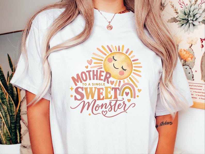 Mother To A Single Sweet Monster Shirt, Retro Sun Mom Gift, Funny Boy Mom Tee, Mother Day Gift, Cute Mama Shirt image 3
