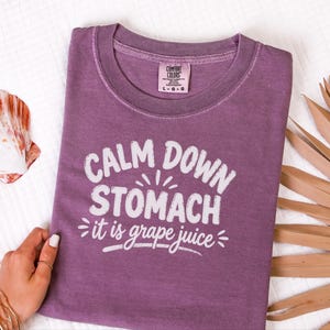 Comfort Colors Funny Wine Shirt, Calm Down Stomach It Is Grape Juice Tee, Sarcastic Alcohol Drinker Gift, Wine Tasting Top, Wine Tasting Tee image 7