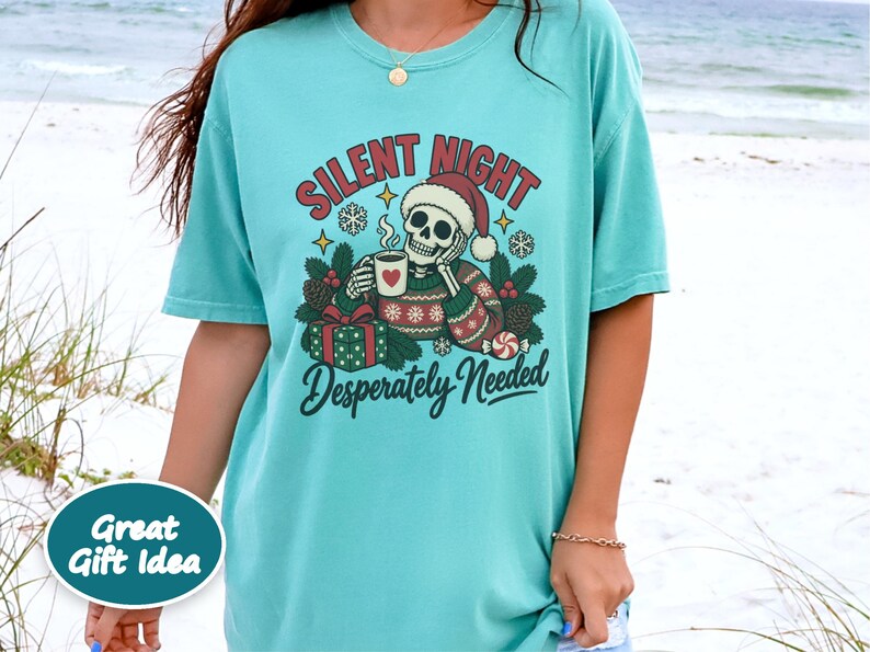 Funny Christmas Sweatshirt, Skeleton Santa Shirt, Sarcastic Holiday Gift, Silent Night Desperately Needed, Tired Mom Shirt, Creepmas Tee imagen 7