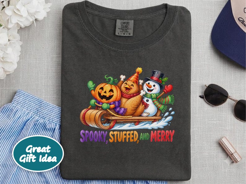 Hallothanksmas Shirt, Funny Holiday Mashup Sweatshirt, Spooky Stuffed And Merry Tee, Holiday Gift image 9