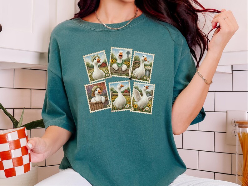 Vintage Goose Postage Stamp Shirt, Cottagecore Farm Animal Gift, Rustic Countryside Tee, Retro Duck Art Shirt image 4