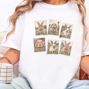 Vintage Bunny Shirt, Cottagecore Rabbit Tee, Postage Stamp Art Gift, Farmhouse Animal Lover Top, Retro Spring Nature Apparel image 10