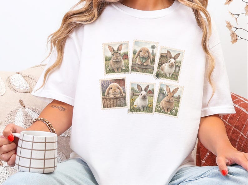 Vintage Bunny Shirt, Cottagecore Rabbit Tee, Postage Stamp Art Gift, Farmhouse Animal Lover Top, Retro Spring Nature Apparel image 10