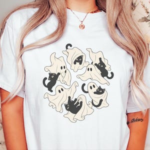 Ghost Cat Shirt, Black Cat Halloween Gift, Spooky Season T Shirt, Funny Cat Lover Tee, Fall Costume Shirt image 1