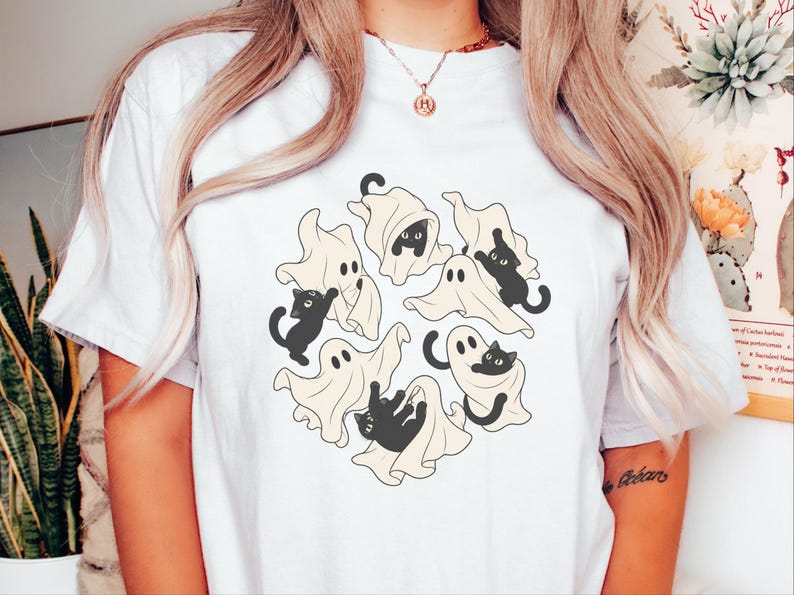 Ghost Cat Shirt, Black Cat Halloween Gift, Spooky Season T Shirt, Funny Cat Lover Tee, Fall Costume Shirt image 1