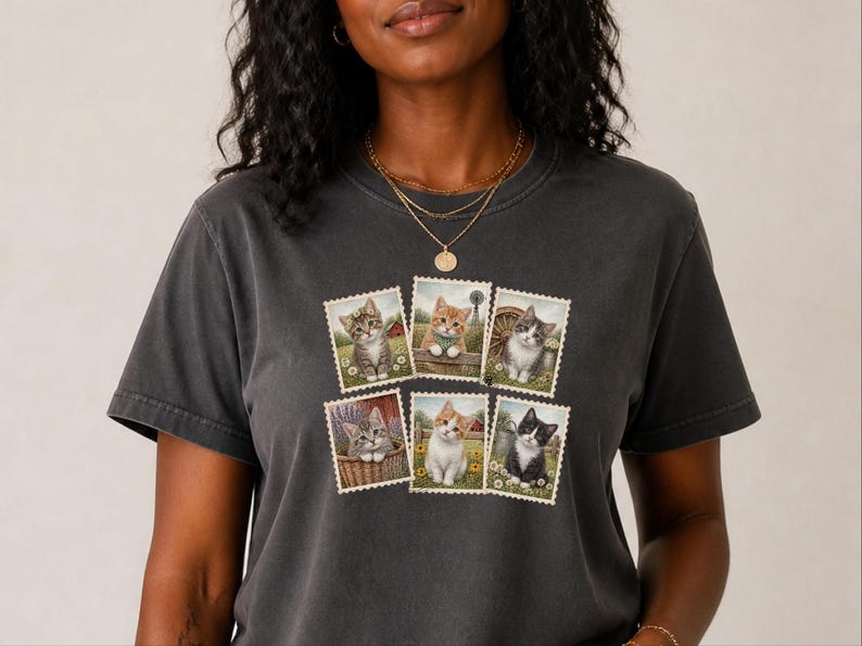 Camiseta vintage de gato, camiseta con sello postal, regalo para amantes de los gatitos de granja, camiseta para amantes de los animales, regalo retro para amantes de los gatos de campo imagen 5
