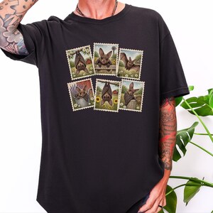 Bat Lover Gift, Vintage Bird Art, Postage Stamp Tee, Cute Bat Shirt, Cottagecore Nature Shirt, Farm Animal Gift image 3