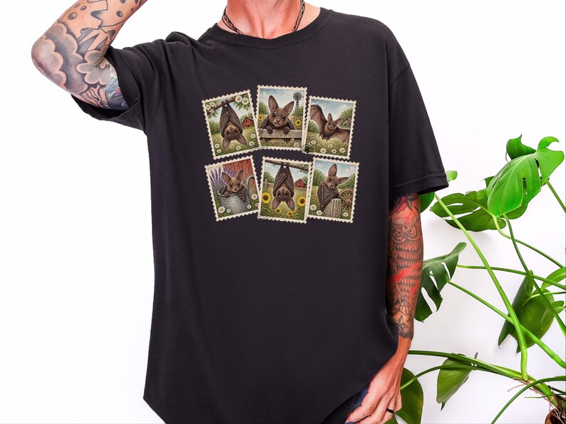 Bat Lover Gift, Vintage Bird Art, Postage Stamp Tee, Cute Bat Shirt, Cottagecore Nature Shirt, Farm Animal Gift image 3