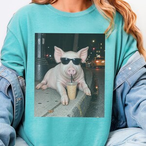 Pig Drinking Iced Coffee Shirt, Pig Lover Gift, Funny Animal Meme Tee, Coffee Lover Shirt, Pig Farmer Gift image 1