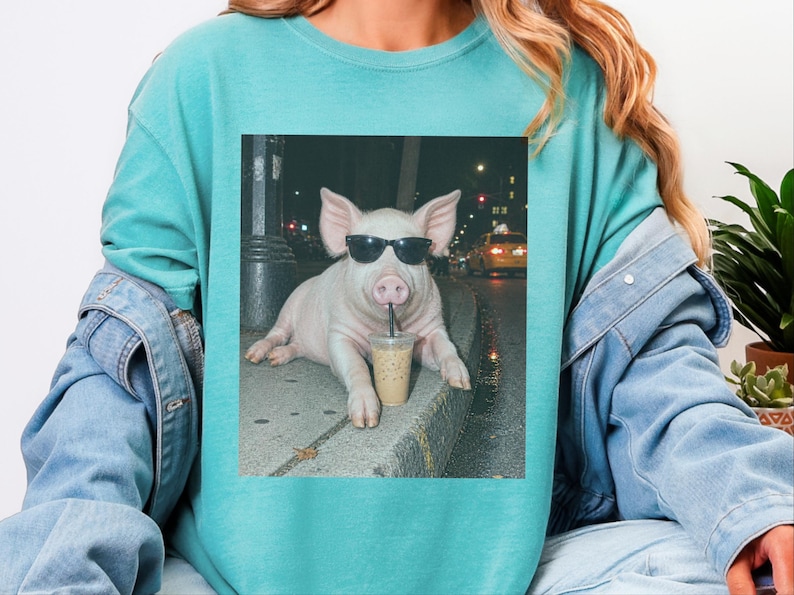 Pig Drinking Iced Coffee Shirt, Pig Lover Gift, Funny Animal Meme Tee, Coffee Lover Shirt, Pig Farmer Gift image 1