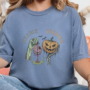 Comfort Colors Watercolor Zombie Heebie Jeebies Shirt, Modern Horror Movie Tee, Retro Goth Halloween Graphic, Spooky Pumpkin Skull Vintage image 2