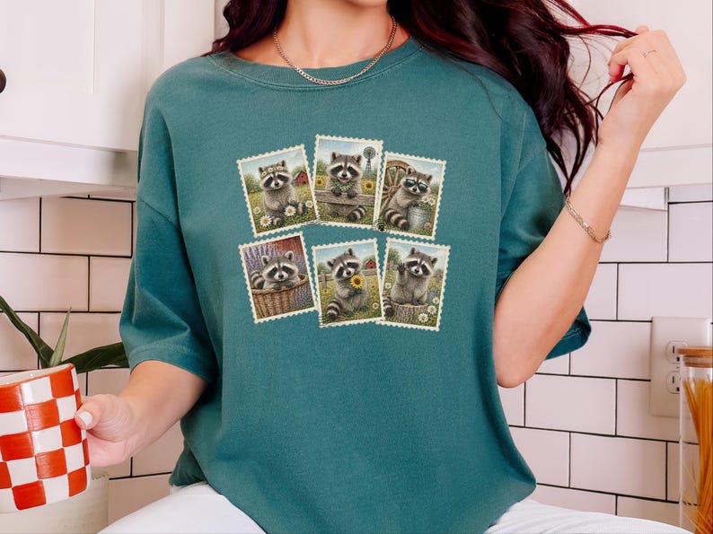 Raccoon Postage Stamp Shirt, Vintage Animal Lover Gift, Farm Girl Tee, Rustic Nature Graphic Shirt image 7