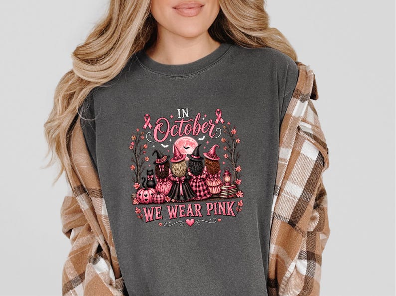 En octobre, on porte du rose ! T-shirt, cadeau d’Halloween pour la sensibilisation au cancer du sein, T-shirt de sorcière au ruban rose, Équipe de soutien aux personnes atteintes de cancer image 6