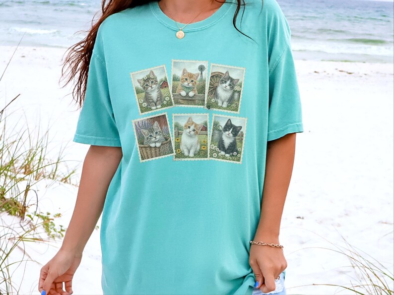 Camiseta vintage de gato, camiseta con sello postal, regalo para amantes de los gatitos de granja, camiseta para amantes de los animales, regalo retro para amantes de los gatos de campo imagen 6