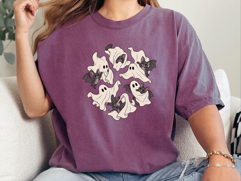 Ghost Shirt, Halloween T-Shirt, Spooky Season Tee, Cute Ghost Playing With Bat image 2