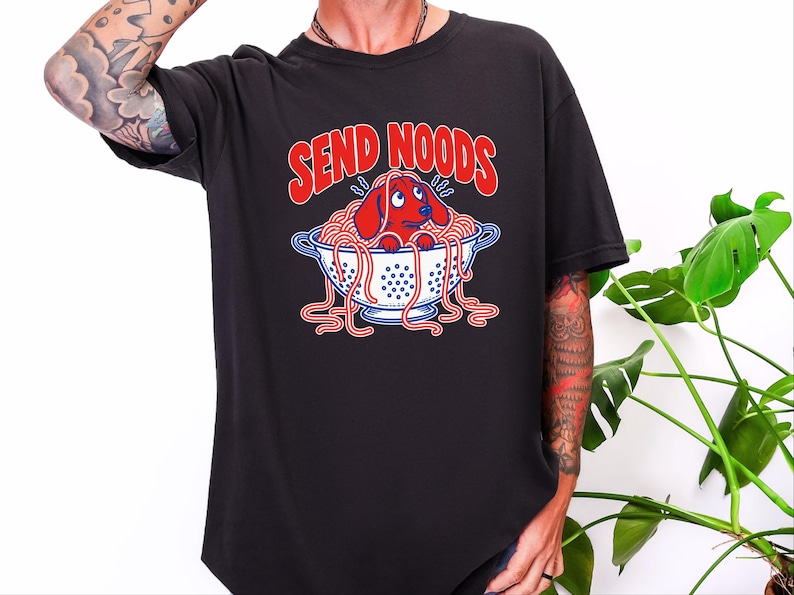 Funny Dachshund Shirt, Italian Foodie Gift, Send Noods Spaghetti Tee, Wiener Dog Lover Shirt, Pasta Art Print, Doxie Mom Shirt image 1