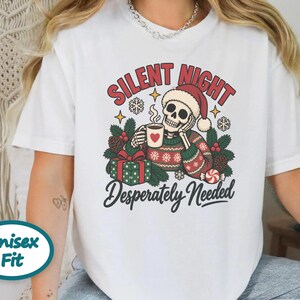 Funny Christmas Sweatshirt, Skeleton Santa Shirt, Sarcastic Holiday Gift, Silent Night Desperately Needed, Tired Mom Shirt, Creepmas Tee imagen 10