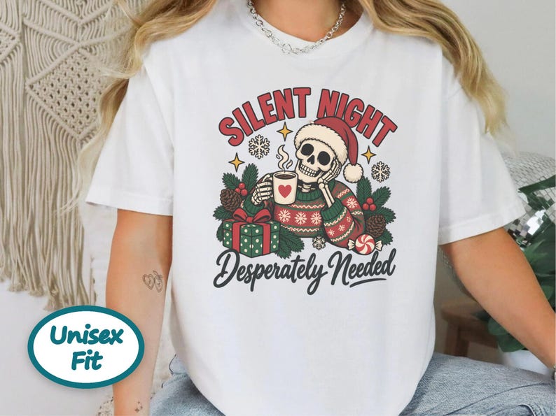 Funny Christmas Sweatshirt, Skeleton Santa Shirt, Sarcastic Holiday Gift, Silent Night Desperately Needed, Tired Mom Shirt, Creepmas Tee imagen 10