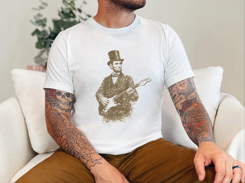 Funny History Shirt, Abe Lincoln Rockin' Guitar Vintage Tee, History Teacher Gift, Musician Rock and Roll Present, Classic Rock Art image 8