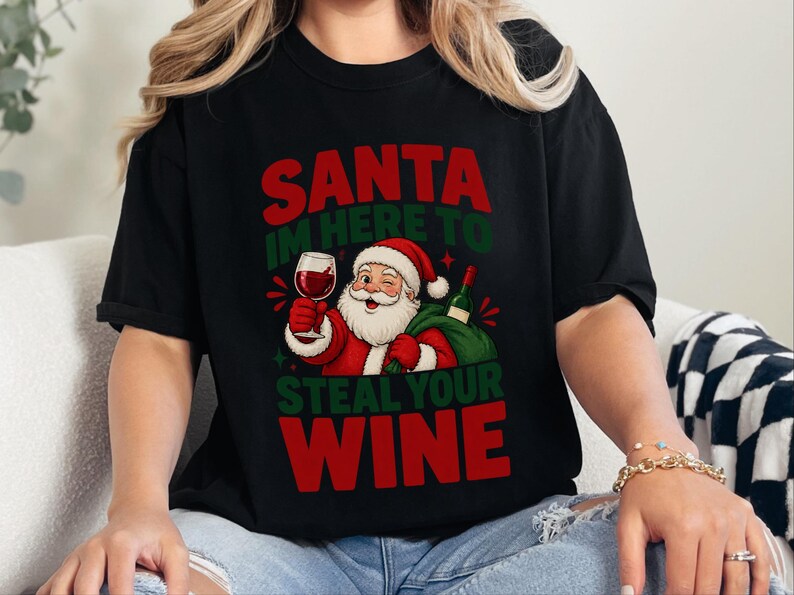Camiseta Festa do Vinho, Design Retrô do Papai Noel, Presente de Natal com Vinho, Camiseta Divertida de Natal, Papai Noel, Vim Roubar Seu Vinho, Camiseta para Amantes de Vinho imagem 2
