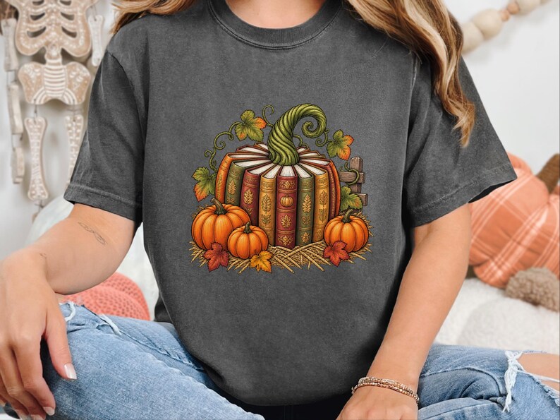 Fall Bookish Shirt, Fall Book Lover Gift, Vintage Autumn Book Pumpkin Tee, Cozy Reading Sweatshirt, Librarian Gift image 8