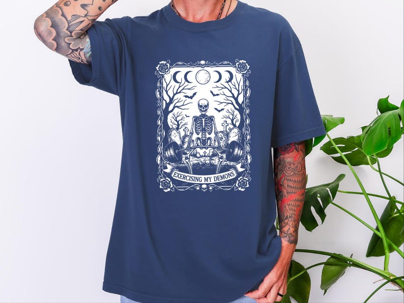 Comfort Colors Skeleton Workout Tee, Exercising My Demons Gothic Gym Shirt, Funny Fitness Weightlifting Humor, Spooky Cemetery Dark Art image 1