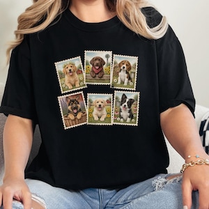 Country Dog Postage Stamp Shirt, Vintage Farm Dog Lover Gift, Cute Puppy Collage Tee, Rustic Animal Art Shirt image 1